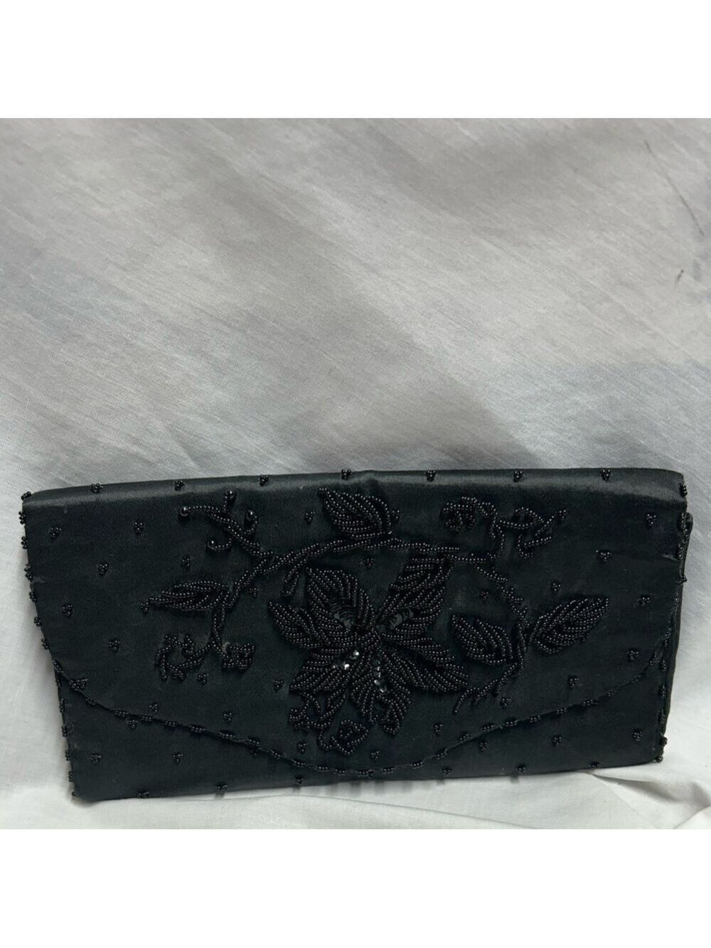 Nice Vintage Art Deco Clutch Black Beaded Sequin Satin Made In Hong Kong - Picture 1 of 9